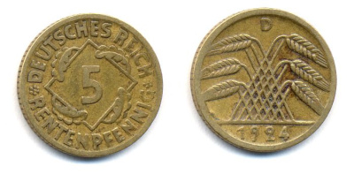 ГЕРМАНИЯ 5 РЕНТЕНПФЕННИГОВ 1924 D, KM 32, J. 308 алюминиевая бронза 35-445