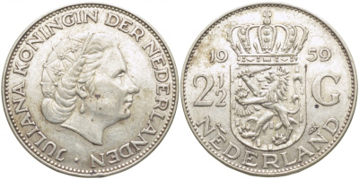 Нидерланды 2 1/2 гульдена 1959 Юлиана (1948-1980) KM 185 серебро 114-522