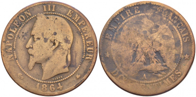 ФРАНЦИЯ 10 САНТИМОВ 1864 A, НАПОЛЕОН III (1852-1870) KM 798.1, LA FRANC 134.11 бронза 114-1225