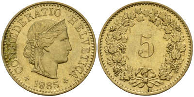 Швейцария 5 раппенов 1985 KM 26c алюминиевая бронза 4189-341