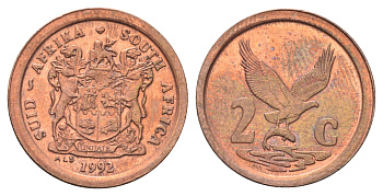 ЮАР 2 цента 1992 орел с рыбой KM 133 сталь плакированная медью UNC 4696-938