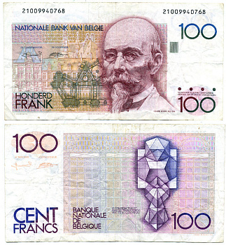БЕЛЬГИЯ 100 ФРАНКОВ 1982-1994 ПОДПИСЬ (5 И 15) АРХИТЕКТОР ХЕНДРИК БЕЙЕРТ Pick 140а бумага 7147-5-3