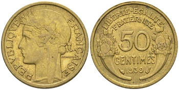 ФРАНЦИЯ 50 САНТИМОВ 1939 ТИП MORLON KM 894.1, LE FRANC 192.15 алюминиевая бронза 44-835