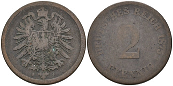 Германия 2 пфеннига 1875 J, старогербовка KM 2, J. 2 медь 4575-653