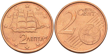 ГРЕЦИЯ 2 ЕВРОЦЕНТА 2002 KM 182 сталь плакированная медью UNC 214-348