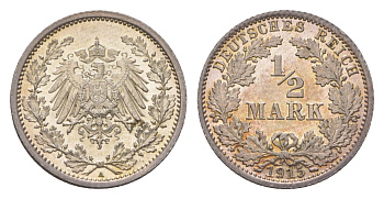 Германия 1/2 марки 1915 A, Вильгельм II (1888-1918) KM 17, J. 16 серебро UNC 4625-1036