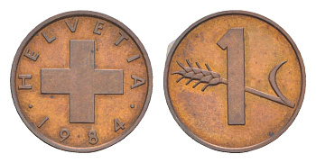 Швейцария 1 раппен 1984 KM 46 бронза UNC 4532-364