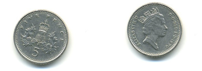 Великобритания 5 пенсов 1990 Елизавета II (1952-2022) KM 937b, Spink 4372 (D4) медно-никель 59-634