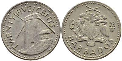 Барбадос 25 центов 1973 ветряная мельница Моргана Льюиса KM 13 медно-никель 4398-336