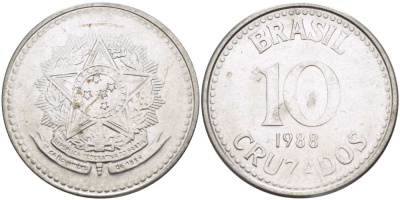 Бразилия 10 крузадо 1988 реформа 1986-1989 KM 607 нержавеющая сталь 210-853