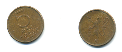 Норвегия 5 эре 1975 Улаф V (1958-1991) KM 415 бронза 3999-922