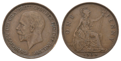 Великобритания 1 пенни 1934 Георг V (1910-1936) KM 838, Spink 4055 бронза 221-145