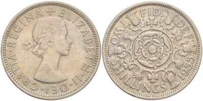 Великобритания 2 шиллинга (флорин) 1955 Елизавета II (1952-2022) KM 906, Spink 4146 медно-никель 189-632