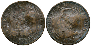 ФРАНЦИЯ 5 САНТИМОВ 1854 W, НАПОЛЕОН III (1852-1870) KM 777.7, LE FRANC 116.15 бронза 4364-1023