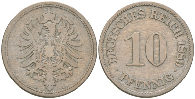 Германия 10 пфеннигов 1889 A, старогербовка KM 4, J.4 медно-никель 4175-453