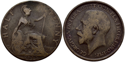 Великобритания 1/2 пенни 1912 Георг V (1910-1936) KM 809, Spink 4056 бронза 60-1241