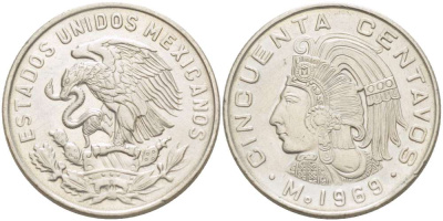 Мексика 50 сентаво 1969 Куаутемок, последний правитель империи ацтеков KM 451 медно-никель 4519-644