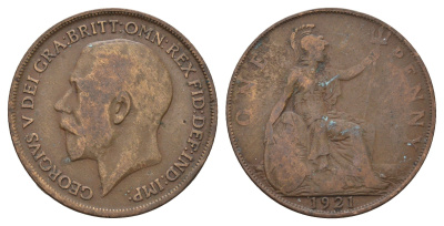 Великобритания 1 пенни 1921 Георг V (1910-1936) KM 810, Spink 4052 бронза 4683-1031