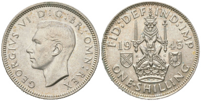 Великобритания 1 шиллинг 1945 Георг VI (1936-1952), Шотландский герб KM 854, Spink 4083 серебро UNC 4619-831