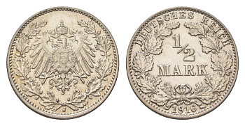 Германия 1/2 марки 1916 J, Вильгельм II (1888-1918) KM 17, J. 16 серебро aUNC 3896-745