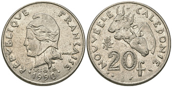 Французская Новая Каледония 20 франков 1990 три быка, (IEOM) KM 12, Schoen 14, Lec 113 никель 73-431