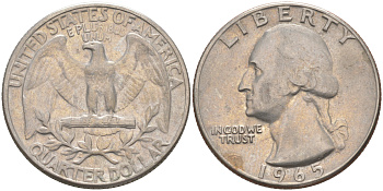 США 25 центов (квотер) 1965 Вашингтон KM 164a медь плакированная медно-никелем 08-933