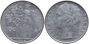 ИТАЛИЯ 100 ЛИР 1956 R, АФИНА KM 96.1 нержавеющая сталь 4394-542