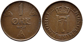 НОРВЕГИЯ 1 ЭРЕ 1921 KM 367 бронза 4387-114