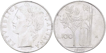 ИТАЛИЯ 100 ЛИР 1966 R, АФИНА KM 96.1 нержавеющая сталь 4526-322