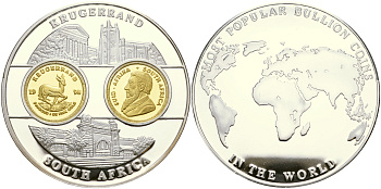 ЮАР медаль 1998 серия самые известные монеты мира, золотой крюгеранд сертификат, диаметр 50 мм.  посеребренный медно-никель  PROOF  1066-10-32