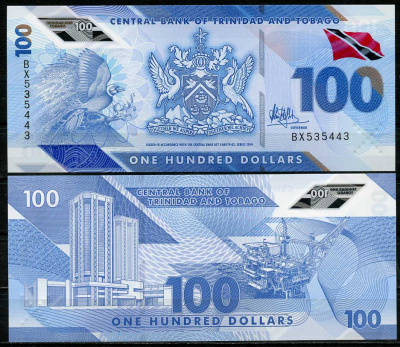 Тринидад и Тобаго 100 долларов 2019 большая райская птица, здание Центрального банка Pick NEW пластик UNC (пресс) 451-358-2