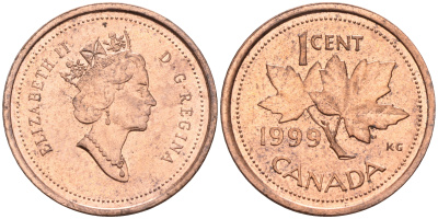 Канада 1 цент 1999 Елизавета II, кленовый лист KM 289 сталь плакированная медью    4147-329