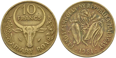 Мадагаскар 10 франков 1981 KM 11 алюминиевая бронза 4141-621