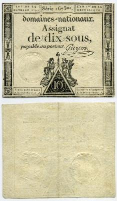 Франция 10 су 1792 женщины свободы Pick A64a бумага 450-109-5