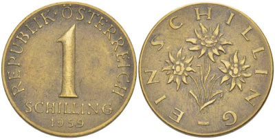 Австрия 1 шиллинг 1959 KM 2886 алюминиевая бронза 117-756