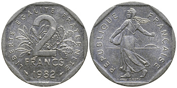 ФРАНЦИЯ 2 ФРАНКА 1982 СЕЯТЕЛЬ KM 942.1, LE FRANC 272.6 никель 36-135