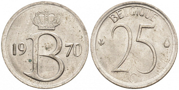 БЕЛЬГИЯ 25 САНТИМОВ 1970 BELGIQUE, МОНЕТНЫЙ ТИП KM 153.1 медно-никель UNC 214-323