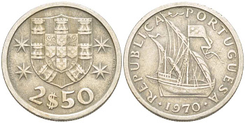 ПОРТУГАЛИЯ 2,5 ЭСКУДО 1970 ПАРУСНИК KM 590 медно-никель 4513-1136
