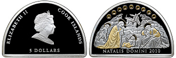 Острова Кука 5 долларов 2010 Natalis Domini, рождение Новой Эры, сцена рождения Христа, кристаллы, позолота KM NEW серебро PROOF 1065-1-43