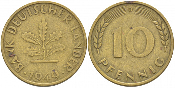 ФРГ 10 ПФЕННИГОВ 1949 D KM 103, J.378 сталь плакированная латунью 4539-1046
