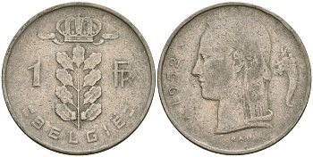 Бельгия 1 франк 1952 Belgie, Бодуэн I (1951-1993) KM 143.1 медно-никель 25-1255