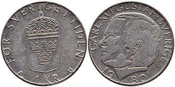 Швеция 1 крона 1980 Карл XVI Густав (1973- ) KM 852 медь плакированная медно-никелем 4397-954