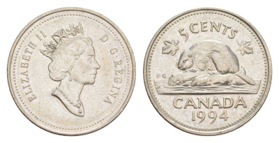 Канада 5 центов 1994 Елизавета II (1952-2022), бобр KM 182 медно-никель 4630-744
