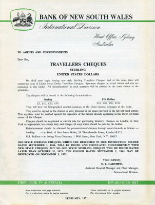 Австралия, Банк Южного Уэльса 50 фунтов и 50 долларов 1971 дорожные чеки, оригинальный буклет, образец Specimen   бумага  UNC (пресс) 5548-4-2-1