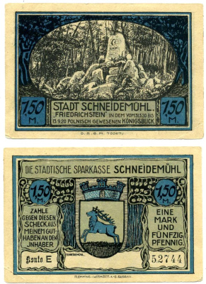 Шнейдемюль (SCHNEIDEMUHL) 1,5 марки 1922 нотгельд (KONTO Е), земля Померания Grabowski 1191.1b бумага 2196-1-2-2