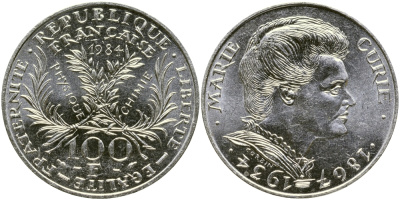 Франция 100 франков 1984 50 лет со дня смерти Марии Кюри KM 955 серебро UNC 4127-512