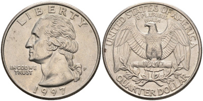 США 25 центов = квотер 1997 P, Вашингтон KM A164a медь плакированная медно-никелем 34-624