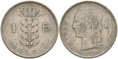 Бельгия 1 франк 1952 Belgie, Бодуэн I (1951-1993) KM 143.1 медно-никель 25-1255