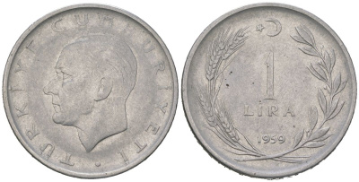 Турция 1 лира 1959 KM 889a.1 нержавеющая сталь 4582-352