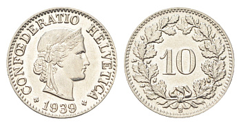 Швейцария 10 раппенов 1939 B KM 27b никель 4708-154